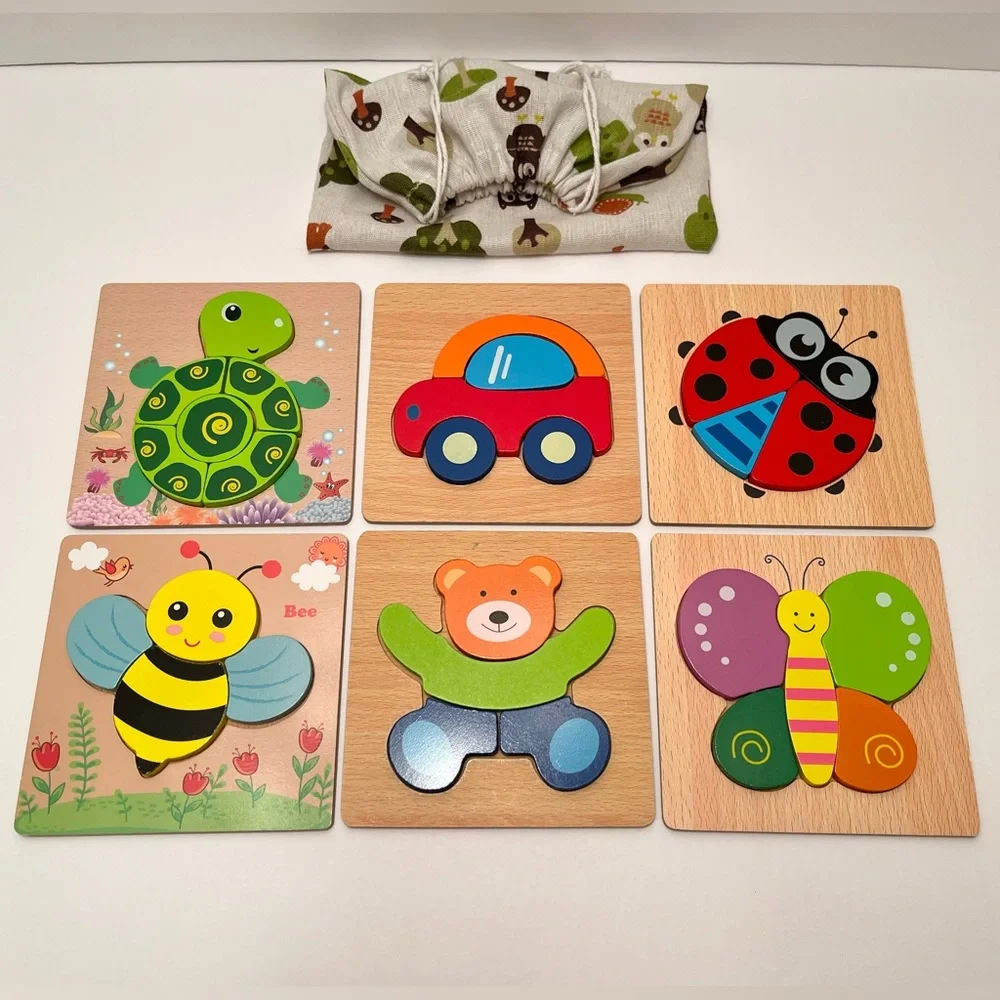 6 Wooden Puzzles Colorful Insects Animals Drawstring Bag 12m+ Early Learning